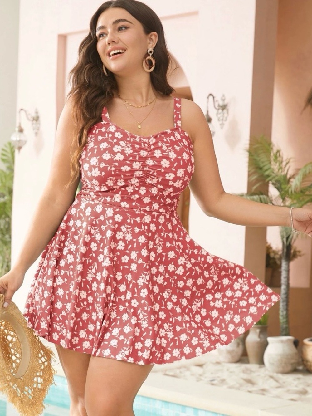 Bloomchic womens swim dress 14-16 ditsy floral ruched empire waist watermelon